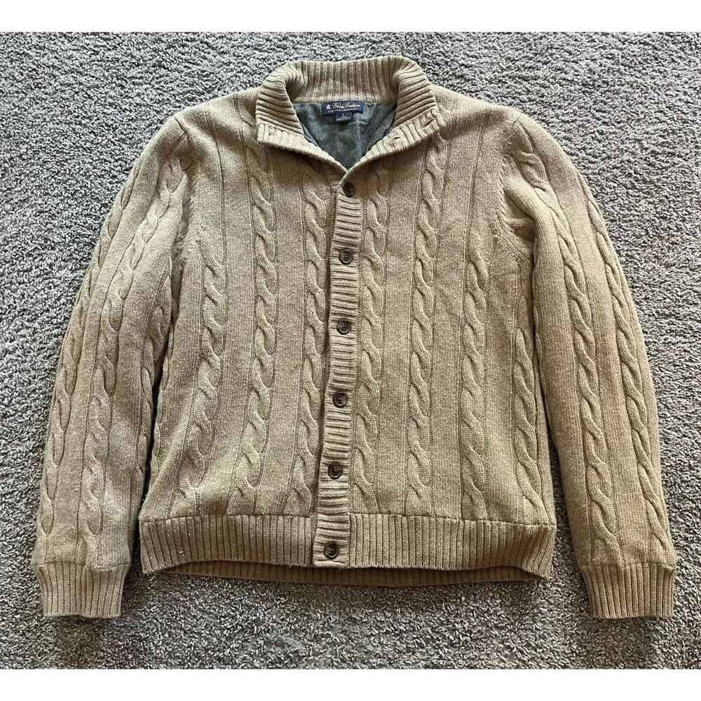Brooks Brothers Scottish Lambswool Button Sweater Brown Lined Fisherman Chunky L